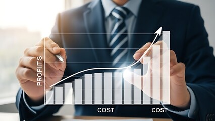 Businessman analyzing a growing bar chart with a rising trend line