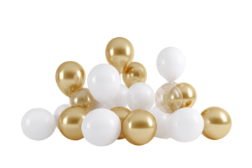 Golden and white balloons cluster isolated on transparent background