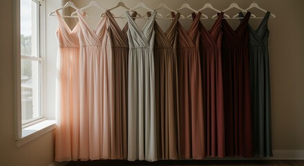 Variety of colorful bridesmaid dresses hanging by window