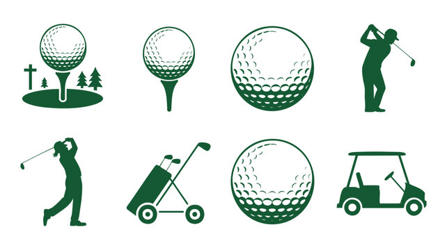 Golf icons set with player, balls, and golf cart