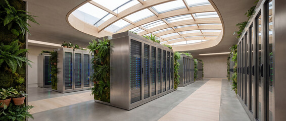 Data Center Oasis: A modern data center, showcasing a harmonious blend of technology and nature with lush vertical gardens and innovative design.