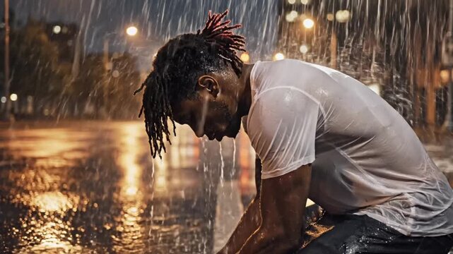 A sad man crouching in the rain, surrounded by darkness and reflections on a wet street at night