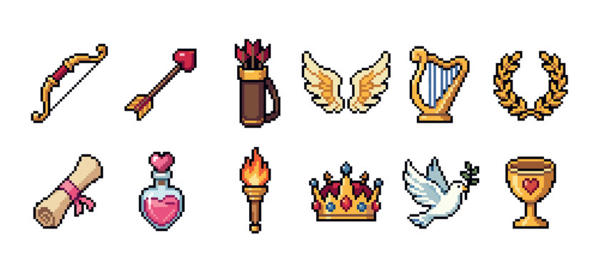 Collection of pixel art fantasy icons featuring a bow, arrow, wings, crown, and love potion in a colorful retro 8-bit video game style