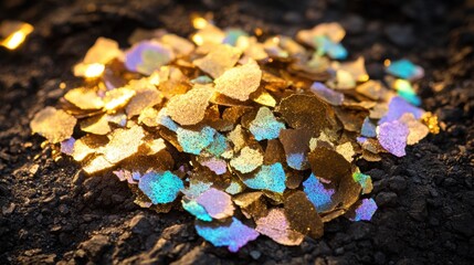 A pile of scattered unpolished mica flakes shimmering with iridescent blue and purple highlights