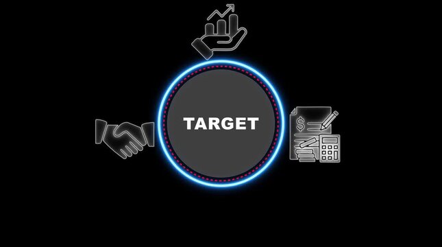 Business concept with target in center handshake graph and finance icons in neon blue goal objective