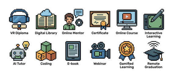 Set of colorful pixel art icons representing online education and e-learning concepts like VR, digital library, AI tutor, and remote graduation, designed in a clean, retro 8-bit style