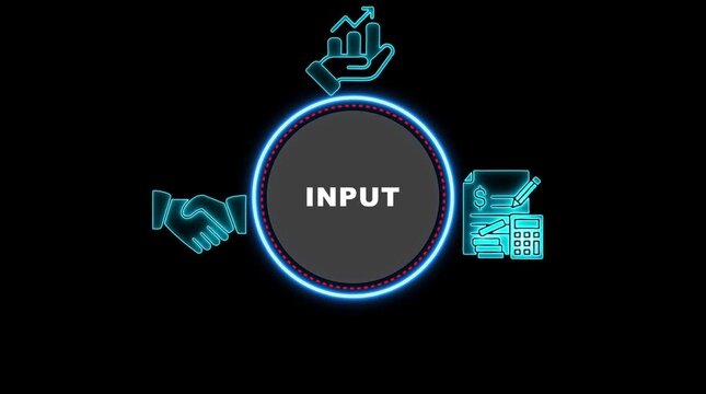 Neon Blue Business Icons Surrounding Central Circle Labeled INPUT on Black Background input