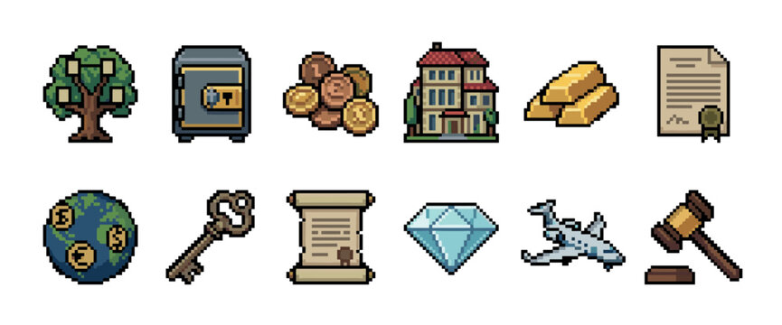 Set of pixel art icons representing wealth, finance, and assets, featuring a money tree, safe, gold bars, mansion, diamond, private jet, and a legal gavel for game design