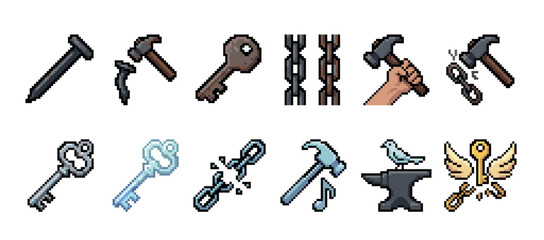 Pixel art game asset icon set featuring various tools and symbolic objects like keys, chains, hammers, and an anvil, depicting concepts of imprisonment, creation, and freedom