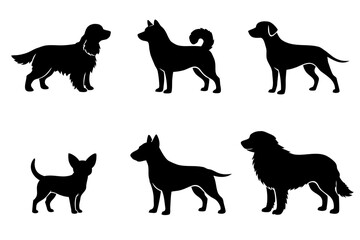 Collection of six dog breed silhouettes in side view, small and large pets in black shapes for logos, decals, icons, pet shop branding, veterinary, grooming and training services.