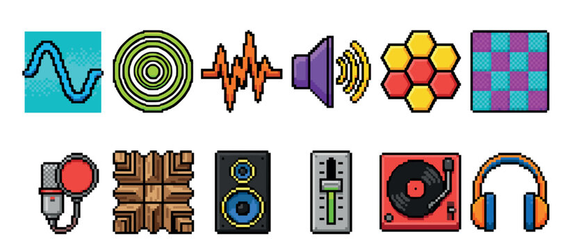 Pixel art sound and music icon collection featuring a microphone, speaker, headphones, and turntable in a colorful retro 8-bit video game style for digital design