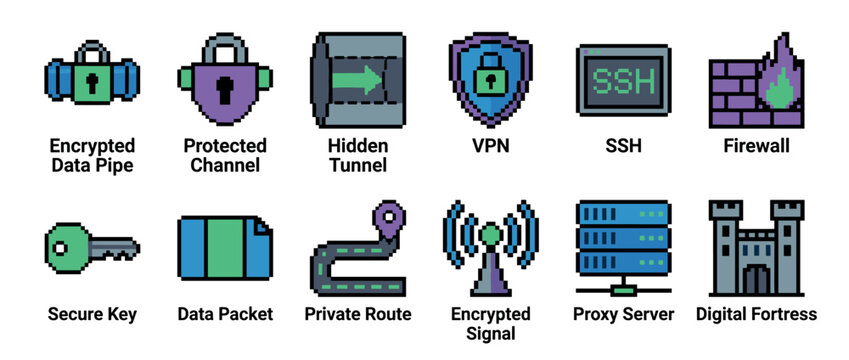 Collection of pixel art cybersecurity icons representing digital concepts like VPN, firewall, encryption, and secure data transfer for network protection