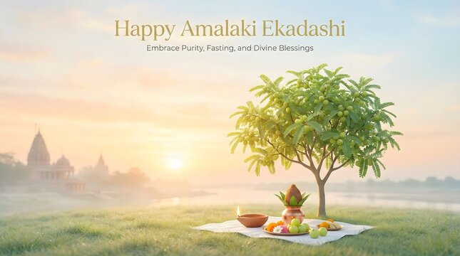 Happy Amalaki Ekadashi Devotional Poster with Lord Vishnu and Amla Tree Hindu Fasting Theme