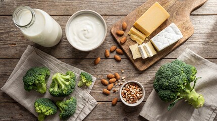 Flat lay of dairy products, nuts and broccoli on a wooden table. Healthy calcium sources for bone strength and osteoporosis prevention.