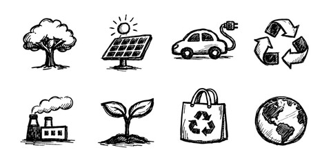 Obraz premium Recycling and eco sketch icon collection in black. Set of recycle symbol, leaf, globe, energy, factory, plant, trash and sustainability icons in doodle style