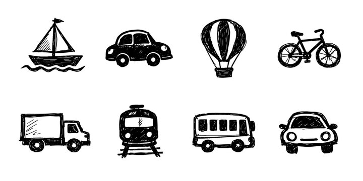Transport sketch icon collection in black. Set of car, airplane, ship, bus, train, bicycle, truck and road icons in doodle style