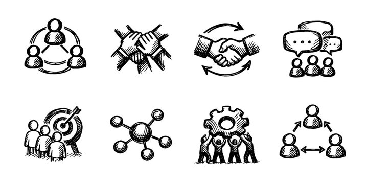 Teamwork and collaboration sketch icon collection in black. Set of team discussion, unity hands, partnership, communication, goal focus and cooperation icons in doodle style