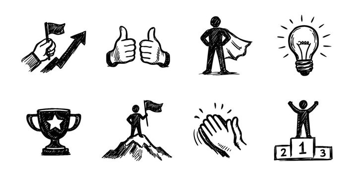 Team growth sketch icon collection in black. Set of progress, development and success icons in doodle style