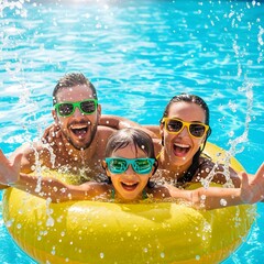 A radiant family joyfully splashes and plays in a vibrant pool, showcasing moments of togetherness and pure aquatic fun during a sunny day. on a white background