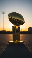 A shiny Vince Lombardi Trophy sits atop a pedestal on a football field at sunset