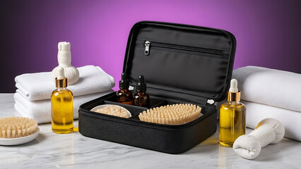 Black leather case with massage tools and spa products on marble table - Ai Generated