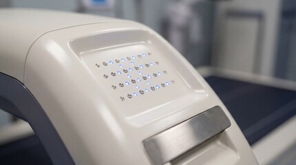 Close up of bone densitometer control panel with blue lights. Modern medical equipment in clinic for diagnosing osteoporosis and measuring bone mineral density.