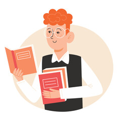 Boy with red curly hair holding and reading books child student