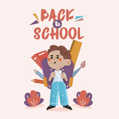 Cartoon child with backpack full of school supplies and back to school text education