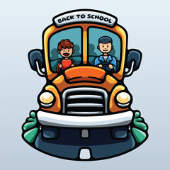 Cartoon school bus with two smiling children inside transportation education