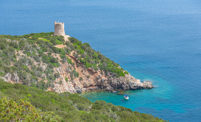 View of Torre del Bolo tower. Coastline of Sardinia island, Italy.