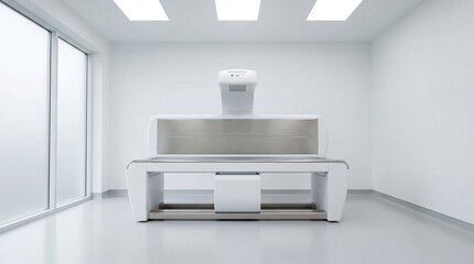 Modern bone densitometer machine in a sterile white hospital room. Advanced medical equipment for osteoporosis screening, bone density testing and health diagnostics.