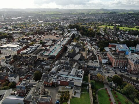 aerial drone picture of the centre of Exeter city in Devon England UK