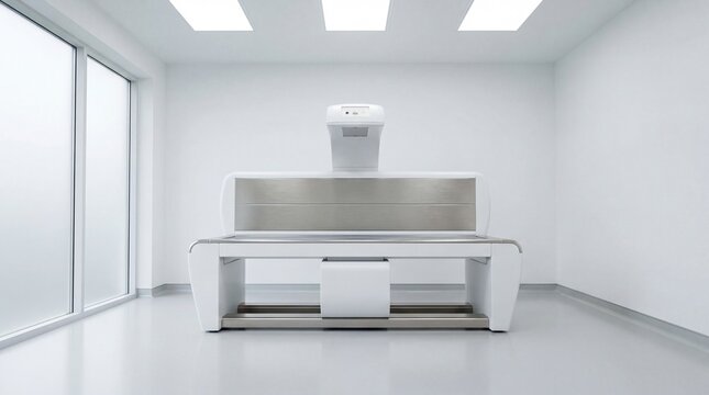 Modern bone densitometer machine in a sterile white hospital room. Advanced medical equipment for osteoporosis screening, bone density testing and health diagnostics.