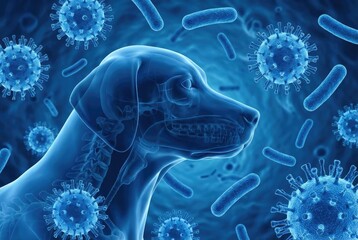 A holographic x-ray of a dog's head surrounded by various viruses and bacteria.