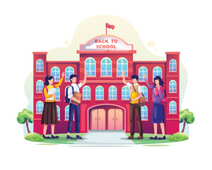 Diverse students waving in front of a red brick school building education learning