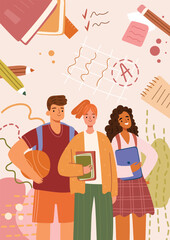 Diverse students with school supplies and academic symbols education learning