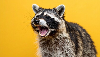 Fototapeta premium Close-up of expressive raccoon with open mouth and visible teeth against solid yellow background.