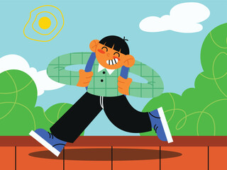 Happy Boy Running with Backpacks Outdoors school