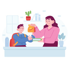 Mother giving lunchbox and book to son with backpack child student