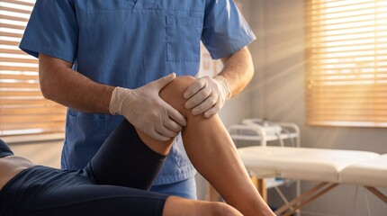 Male doctor checks patient knee joint in sunny clinic. Scene highlights orthopedics and bone health care. Ideal for medical and physiotherapy concepts.