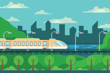 Modern Train Traveling Through a Green Landscape with City Skyline transportation