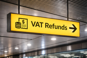 Airport vat refunds direction sign with money icon guiding travelers to tax return service counter
