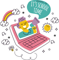 Person on laptop announcing its school time with megaphone and rainbow computer