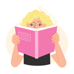 Person with blonde curly hair reading a pink book with hands visible vector illustration