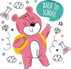 Pink Cartoon Bear with Backpack and "Back to School" Speech Bubble vector