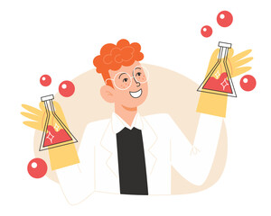 Scientist with curly red hair holding beakers with red liquid experiment chemistry