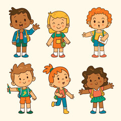 Six diverse cartoon children with backpacks and school supplies kids students