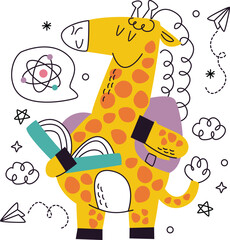 Smiling cartoon giraffe with backpack and books learning science happy animal