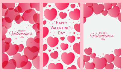 Valentines day red, pink hearts frames with copy space collection. Flat vector illustration. 9 by 16 social media story template. Holiday design, background. Love, romance friendship celebration