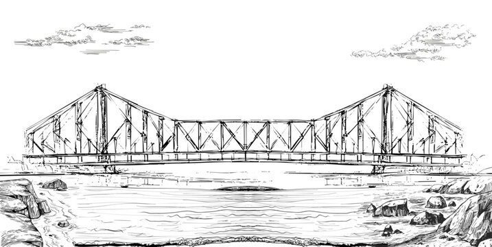 Detailed monochrome ink illustration of Howrah Bridge in Kolkata, India, showcasing its massive steel framework, historic architecture, and calm Hooghly River in vintage hand-drawn style.